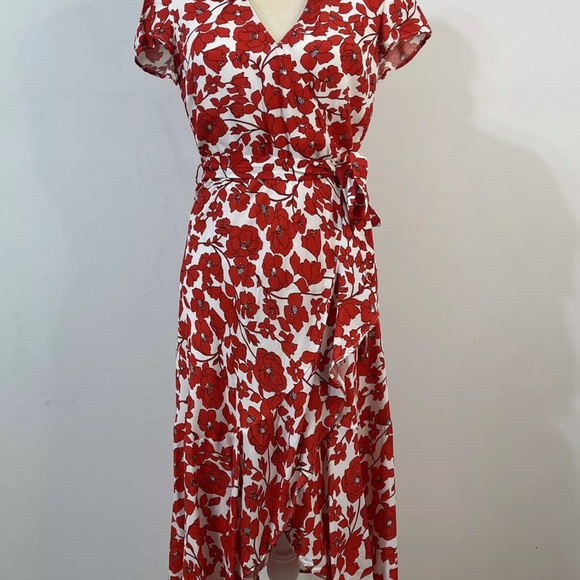 Bardot Fiesta Floral Faux Wrap Midi Dress Size 12 Red Asymmetrical Ruffles NEW - Picture 5 of 12